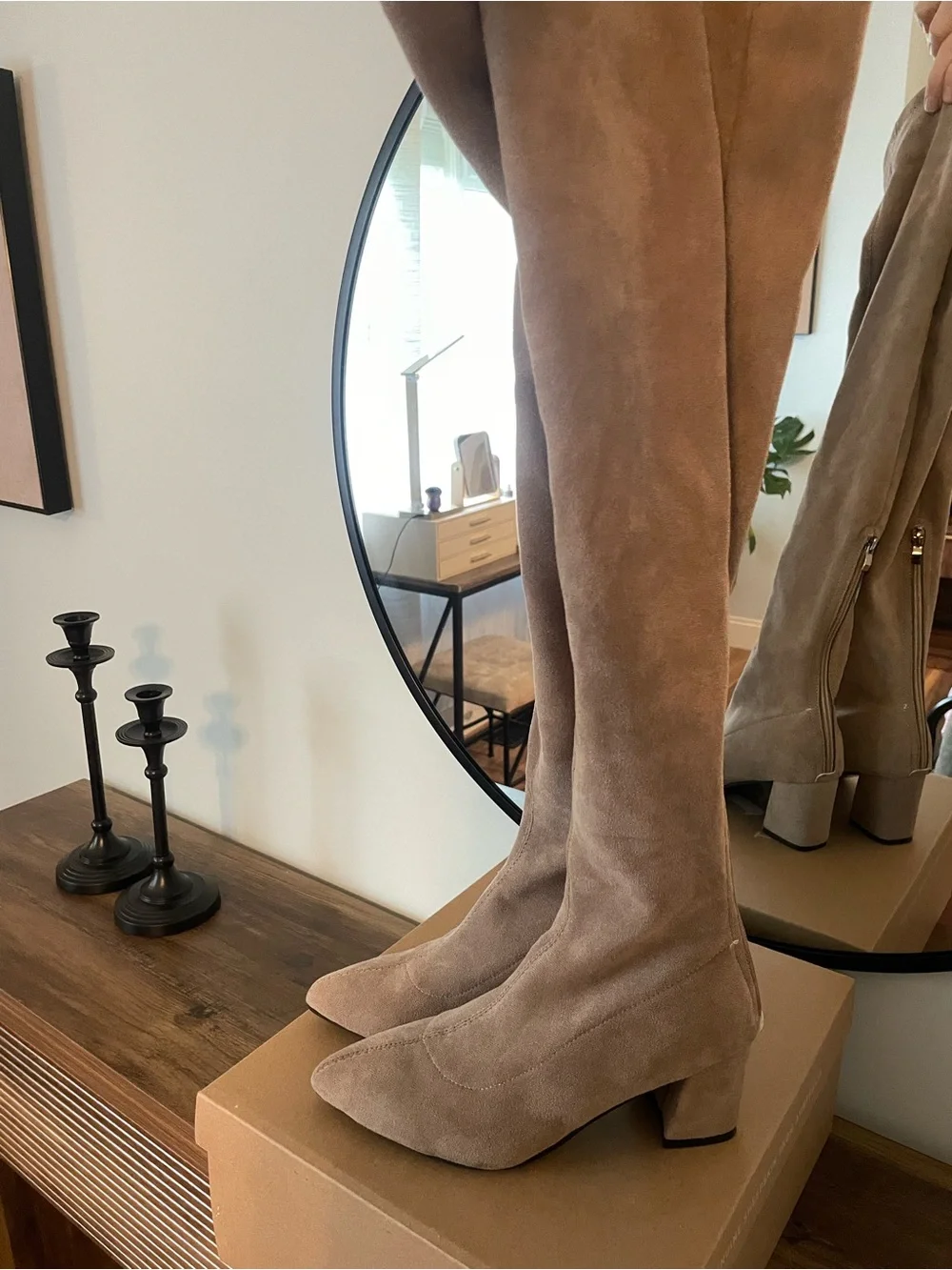 Taupe Suede Over-The-Knee Block Heel Boots